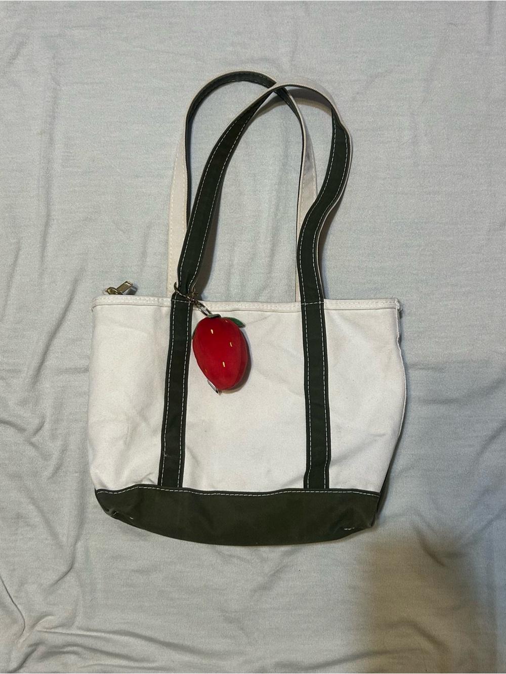 L.L. Bean White Canvas Tote with Dark Green Trim and Red Charm